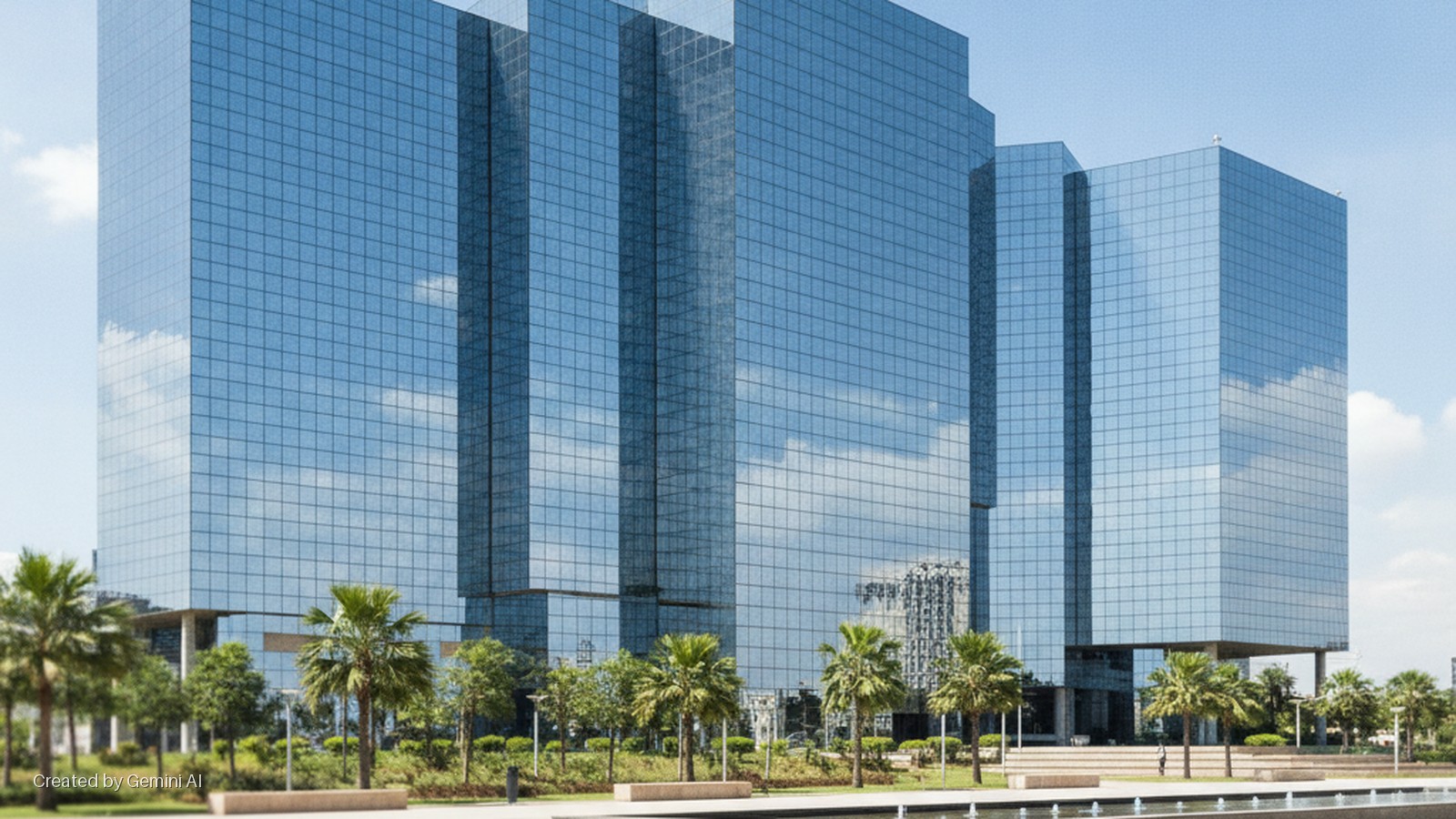 Large glass skyscrapers reflect the sky and clouds, towering over a landscaped plaza with palm trees and water fountains bathed in bright daylight.