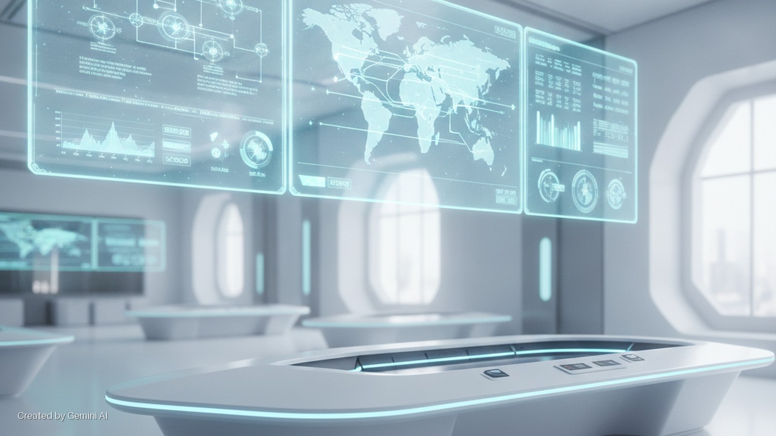 Three prominent glowing blue holographic screens displaying a world map and data hang in a bright, futuristic control room with minimalist white tables and large oval windows.