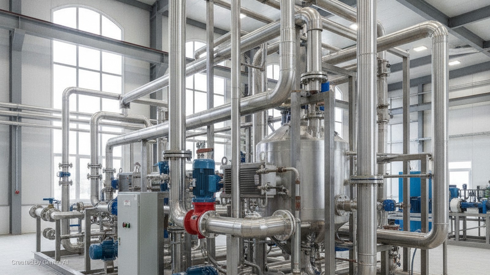 A clean, brightly lit industrial facility showcases a dense network of stainless steel pipes, large tanks, blue and red pumps, and a control panel, with natural light entering through large arched and rectangular windows.