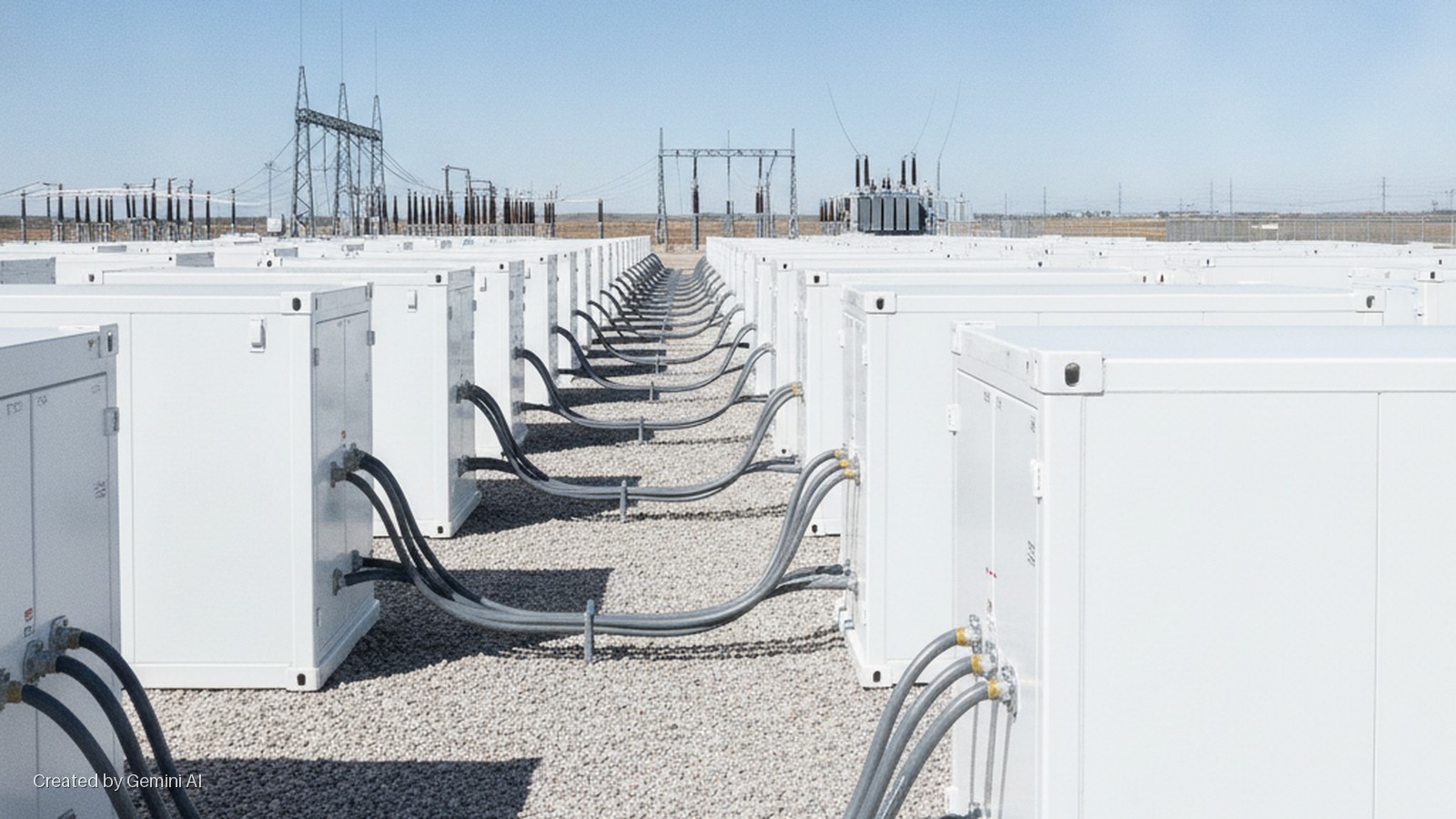 A large-scale battery energy storage system features numerous white containers connected by cables on a gravel lot, adjacent to an electrical substation with transformers and transmission towers under a clear sky.