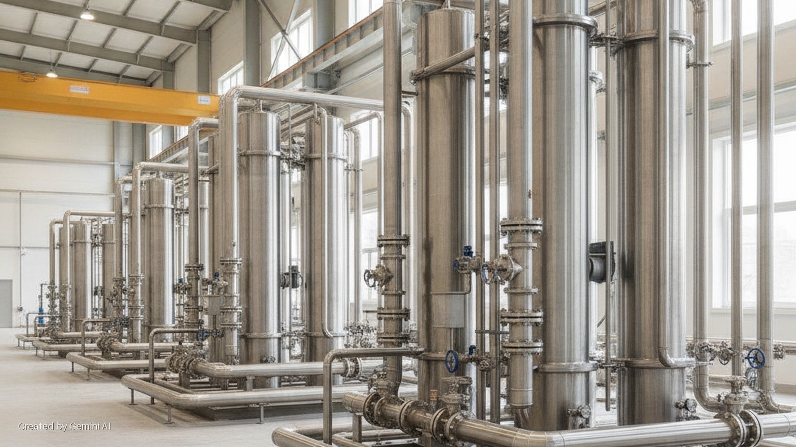 Rows of stainless steel industrial tanks and pipes in a brightly lit factory, with a yellow overhead gantry crane.