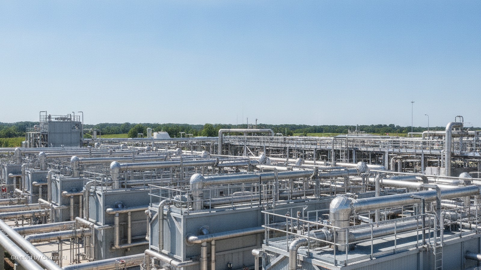 An outdoor industrial facility features rows of large, grey modular processing units interconnected by extensive silver pipelines, set against a distant treeline under a clear, bright blue sky.