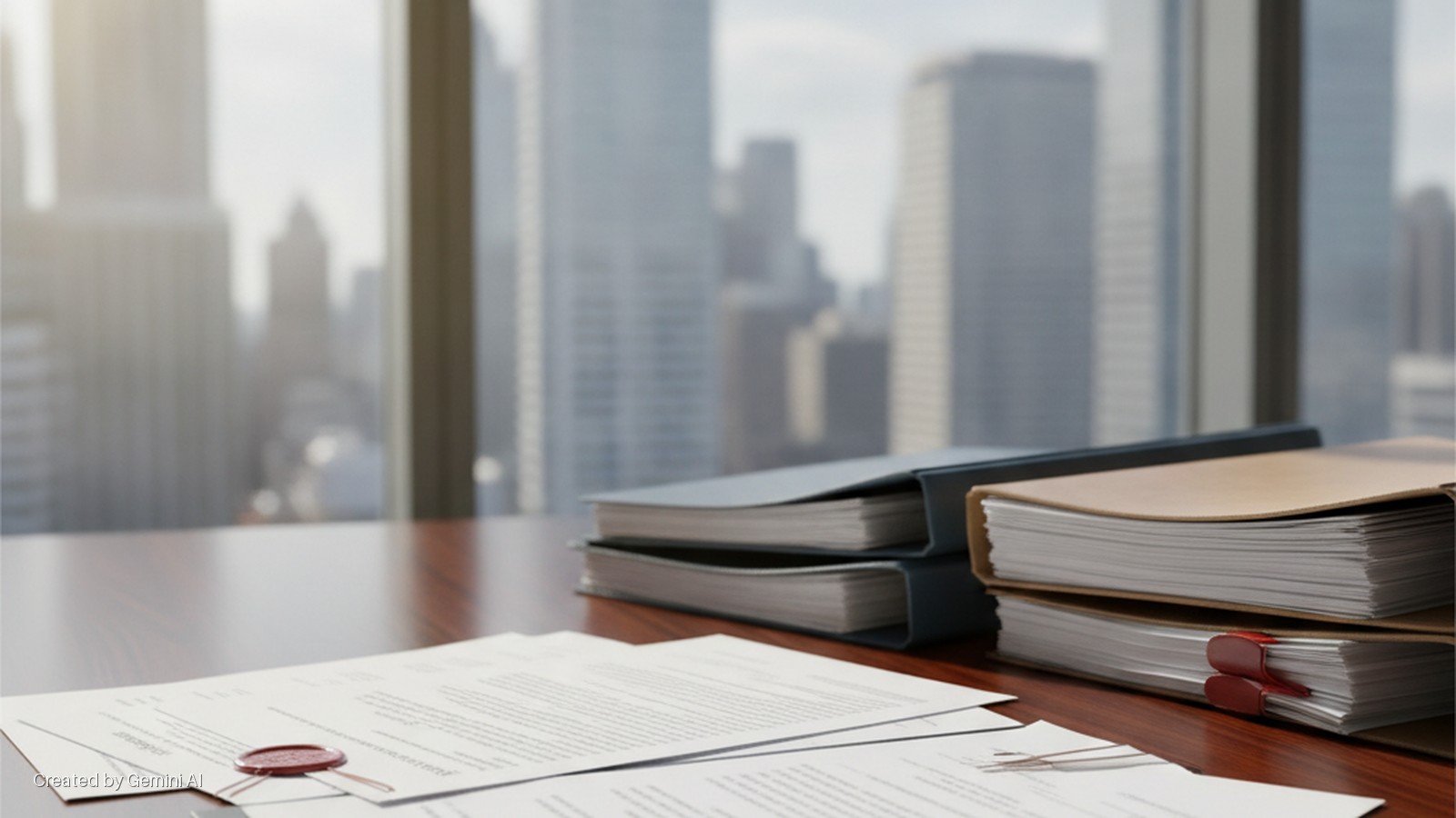 White documents with a red wax seal and paper clips lie on a wooden desk beside stacked binders, set against a backdrop of blurred city buildings seen through a window bathed in natural daylight.