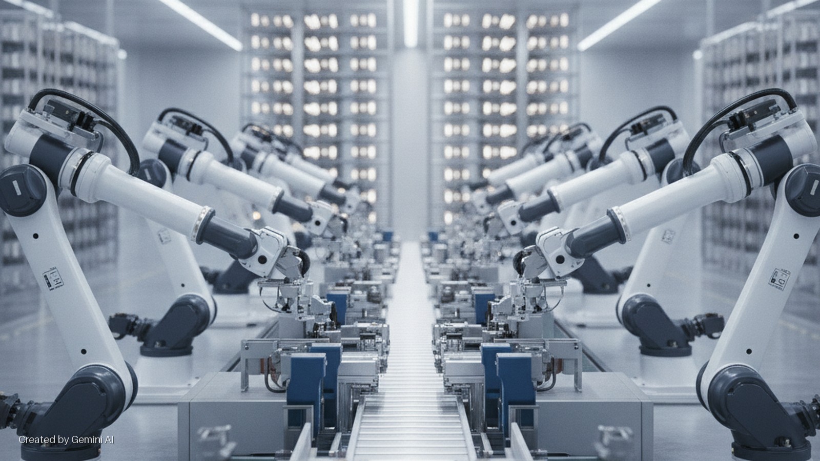 White and dark grey industrial robotic arms work on a conveyor belt in a brightly lit automated factory with distant storage shelves.
