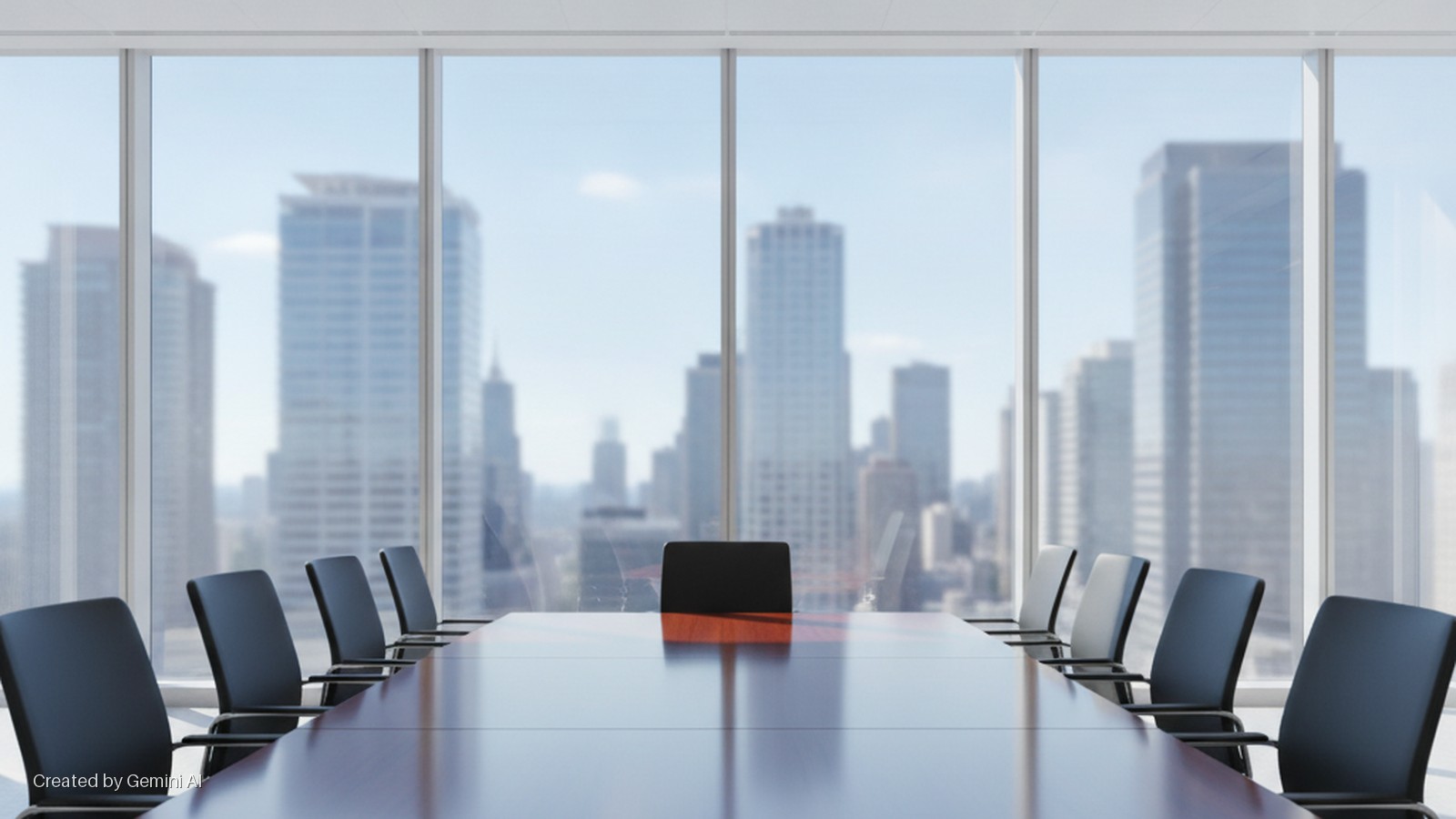 A bright, modern boardroom features a long, reflective conference table and black chairs, overlooking a sunny city skyline through large windows.