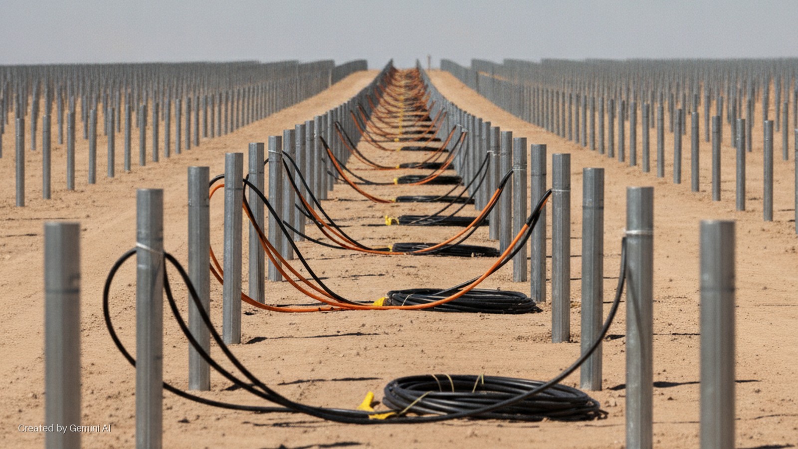 Rows of metal posts extend into the distance across a wide, sandy field under daylight, with loops and coils of black and orange cables running between the posts in the foreground.
