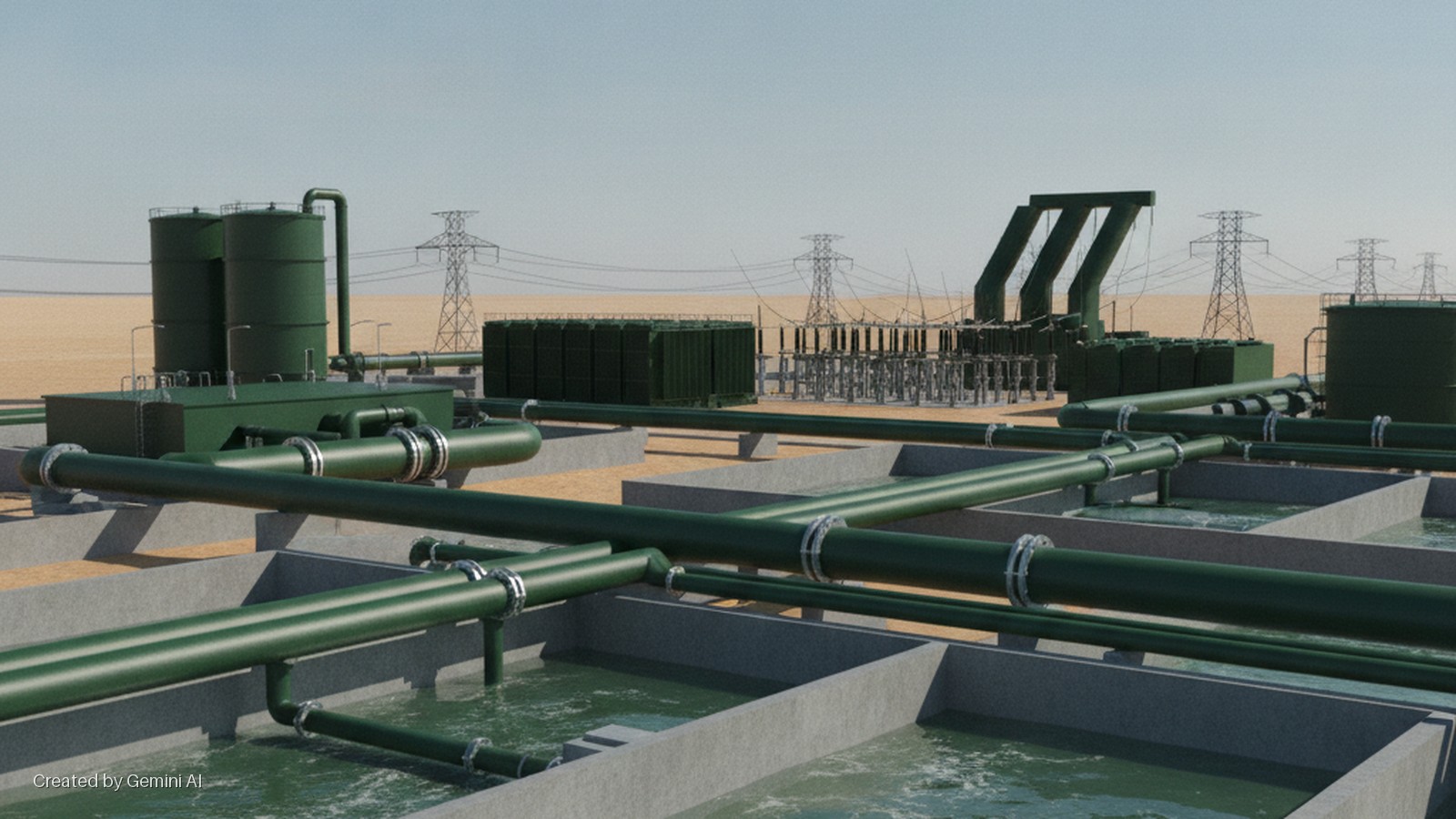 A desert industrial facility features green pipes, storage tanks, an electrical substation, and concrete wastewater treatment basins under a clear, bright sky.
