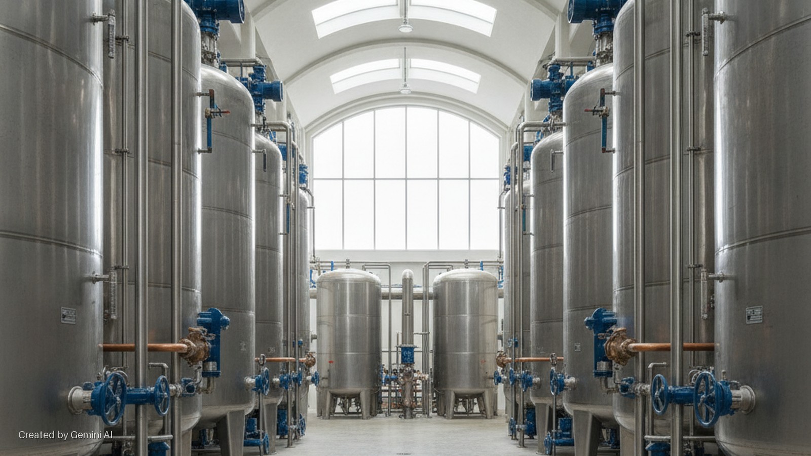 Bright industrial hall filled with parallel rows of large, stainless steel tanks with blue valves and pipes, illuminated by a large arched window and overhead skylights.