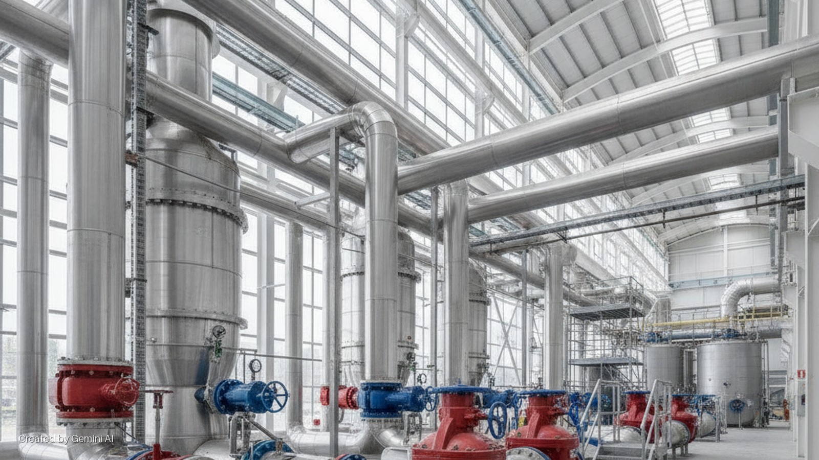 A brightly lit industrial facility interior features large silver pipes, prominent red and blue valves, and storage tanks, with extensive windows providing natural light.