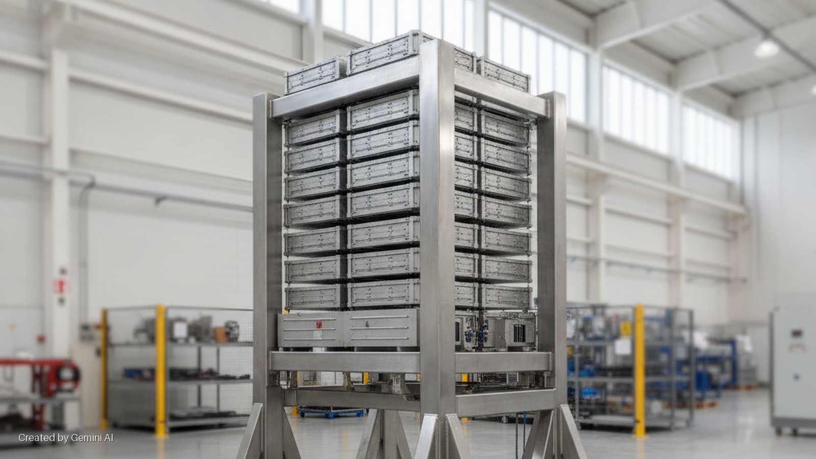 A large, stainless steel modular rack, housing numerous rectangular grey containers, stands on a concrete floor in a brightly lit industrial warehouse with white walls and overhead windows.