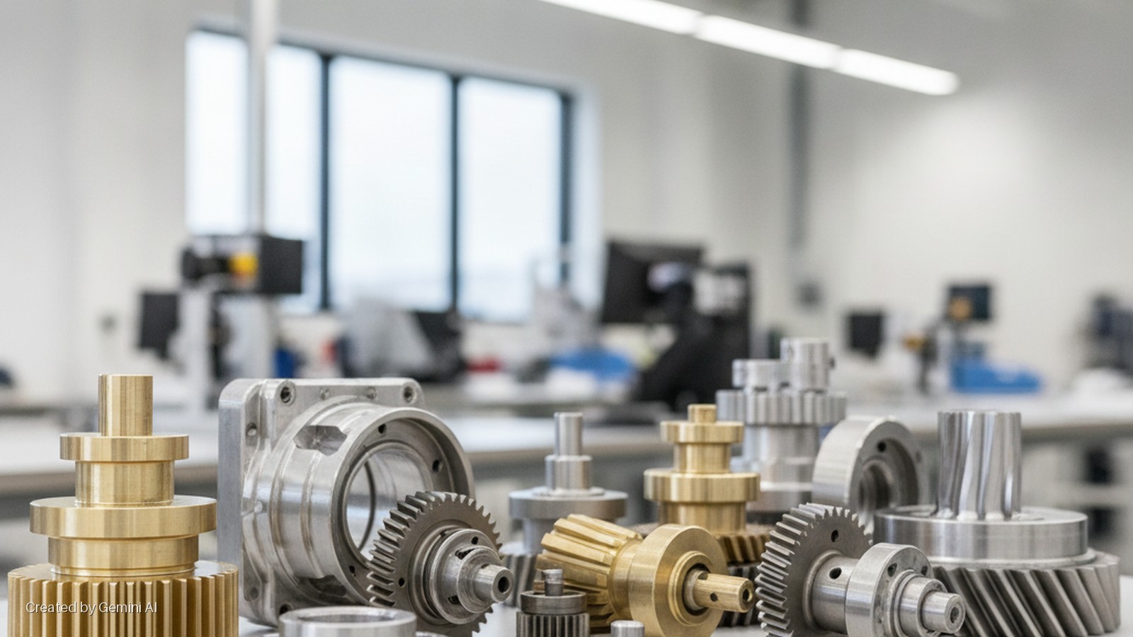 A collection of brass and silver-toned metal gears and mechanical components are arranged on a table in a bright workshop with large windows and computer workstations in the background.