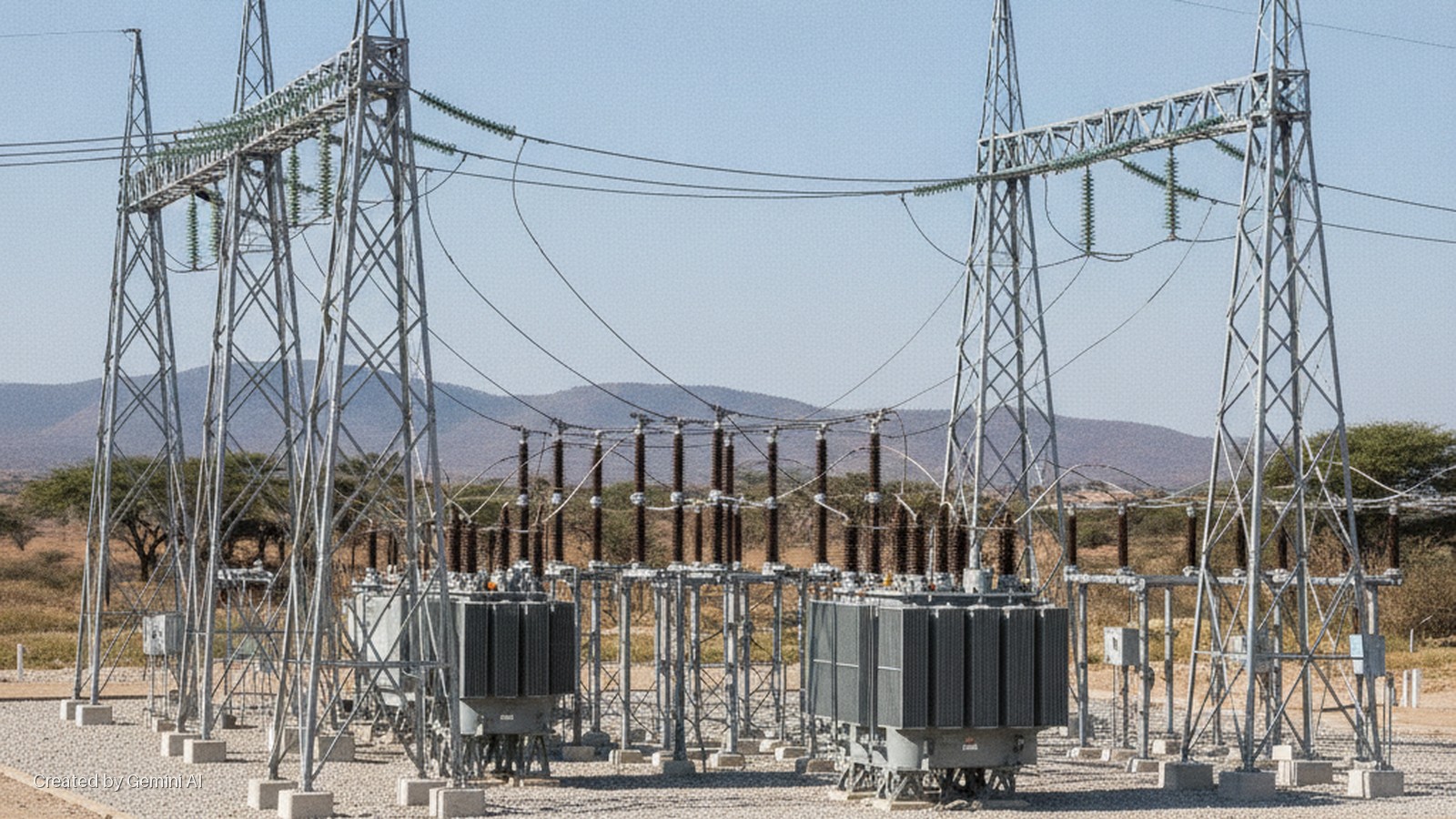 An electrical substation features multiple metal transmission towers, large grey transformers, and overhead power lines on a gravel ground, situated in a dry, open landscape with distant mountains under a clear, sunny sky.