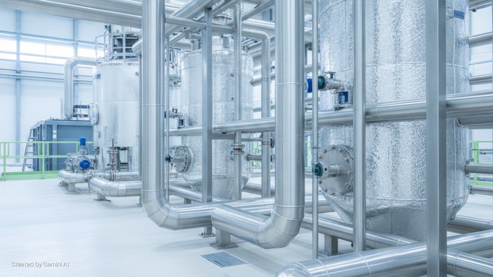 Extensive metal piping, pumps, and valves connect several large, silver-insulated cylindrical tanks inside a brightly lit industrial facility.