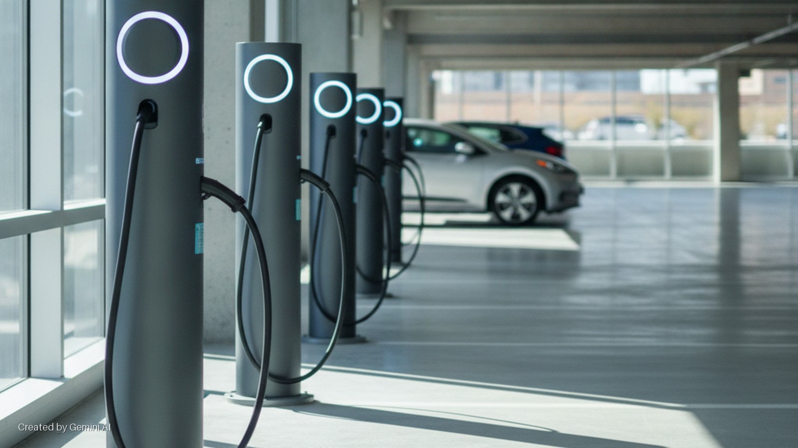 A row of electric vehicle charging stations with glowing white rings and connected cables stands in a bright parking garage next to large windows, with a silver car parked in the background.