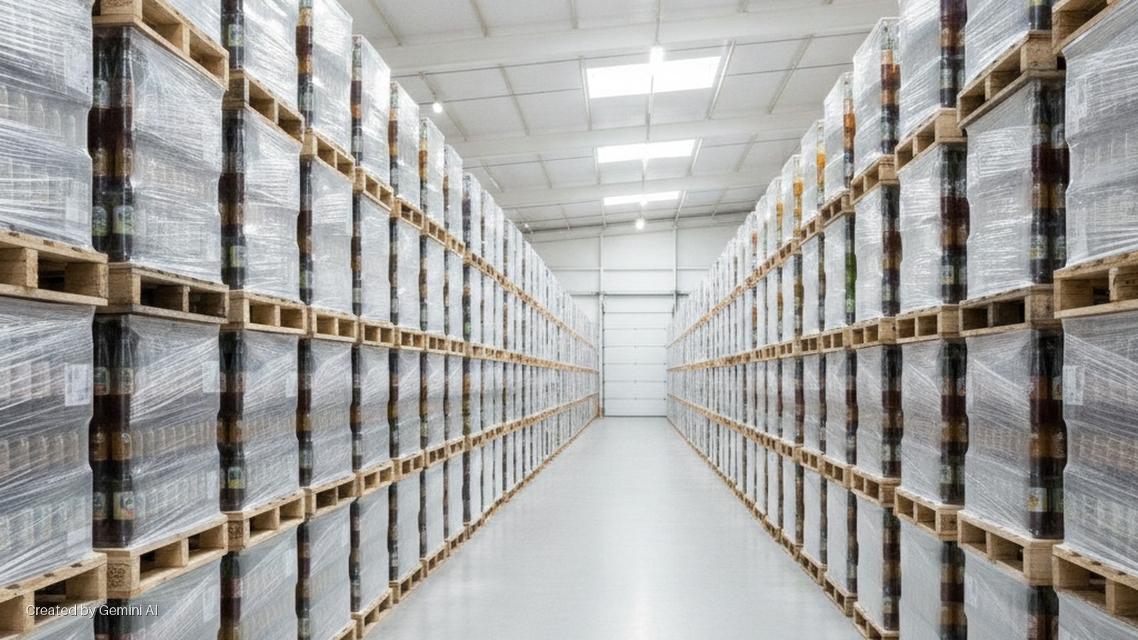 A brightly lit warehouse aisle features tall stacks of plastic-wrapped bottles on wooden pallets lining both sides, illuminated by overhead lights and skylights.