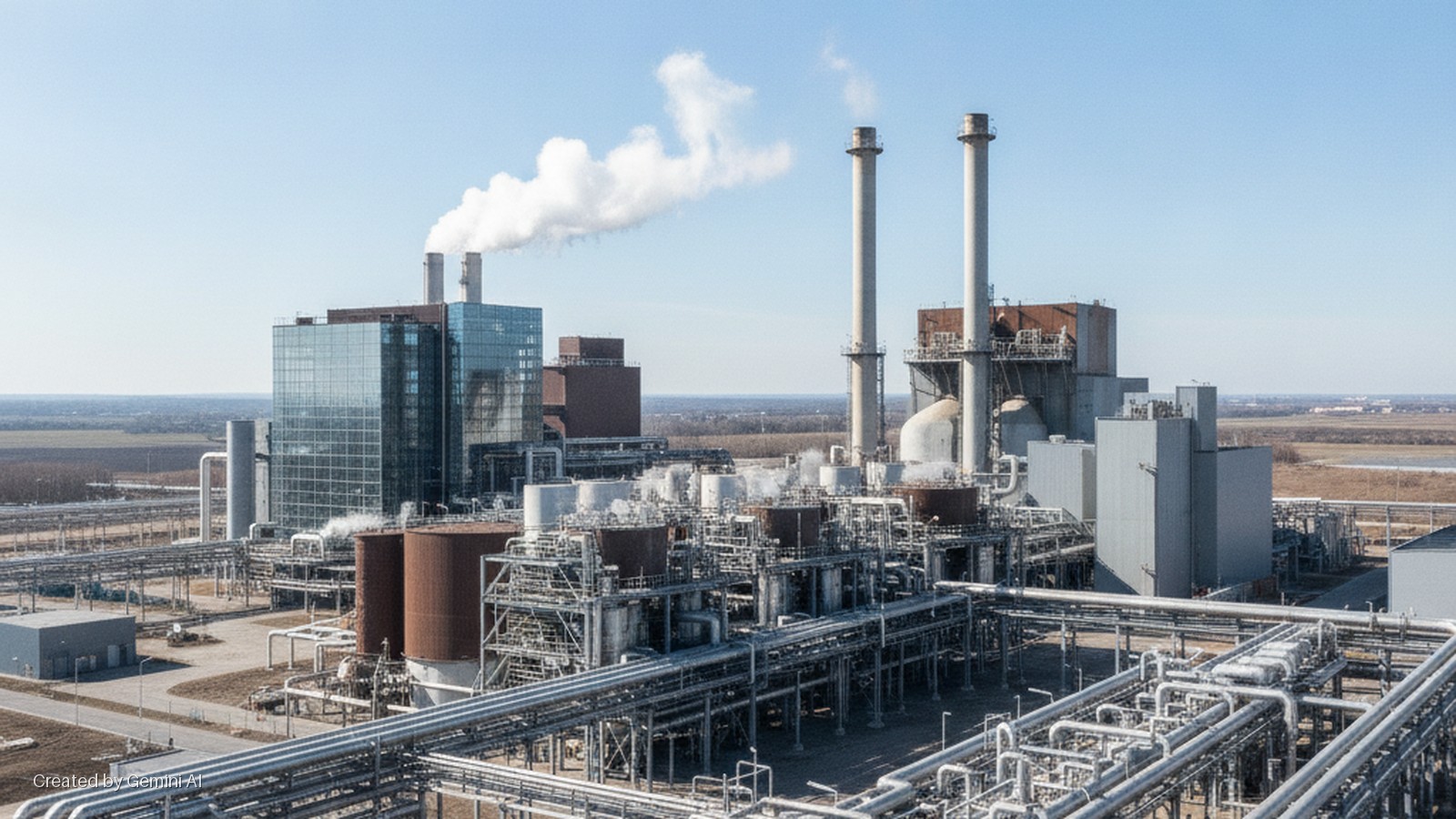 An industrial complex featuring a modern glass building, multiple smokestacks emitting white plumes, large storage tanks, and extensive metal pipelines, all under a clear blue sky.