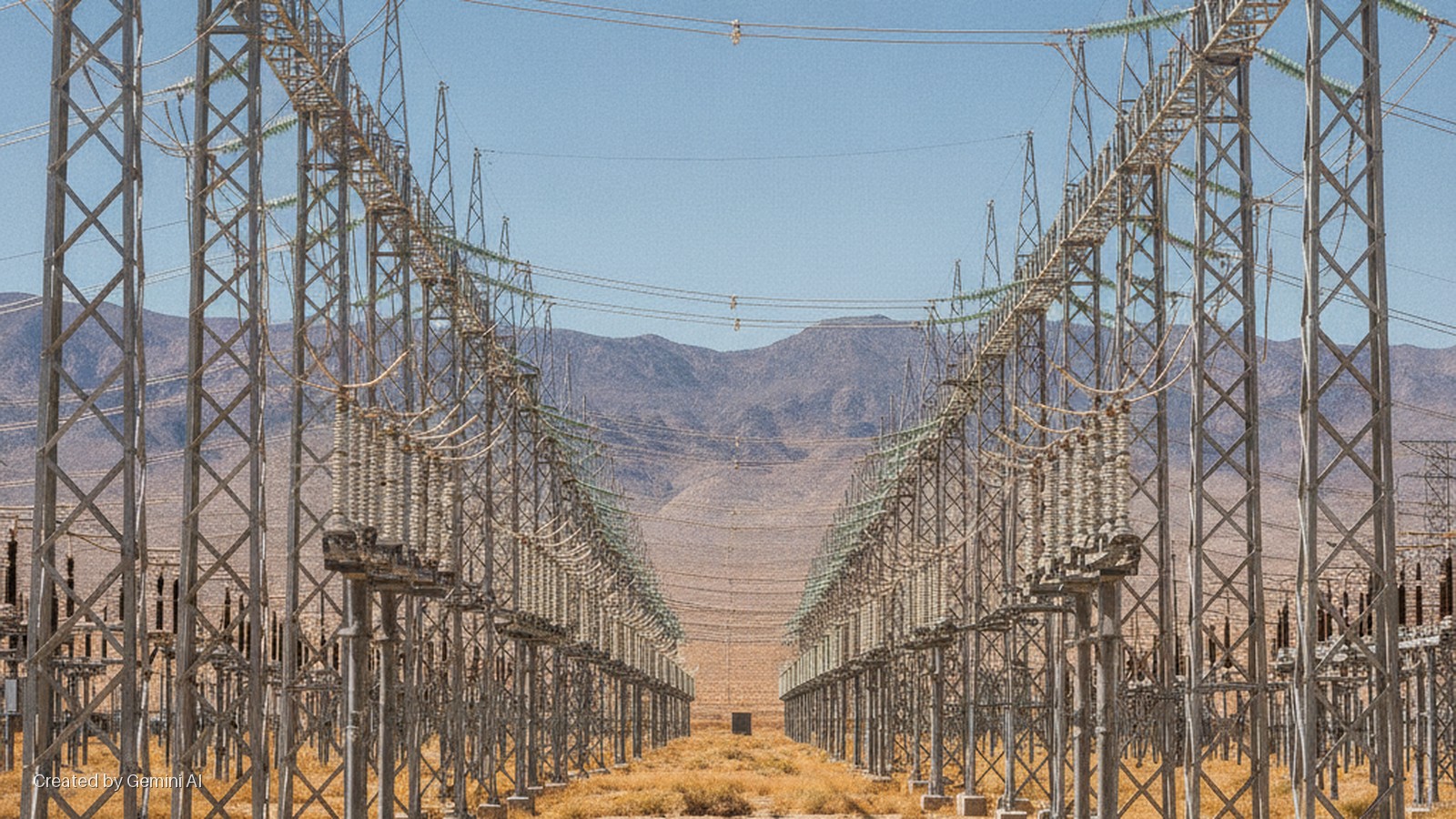 Rows of tall metal transmission towers and power lines stretch into the distance across a dry desert landscape towards distant mountains under a bright blue sky.