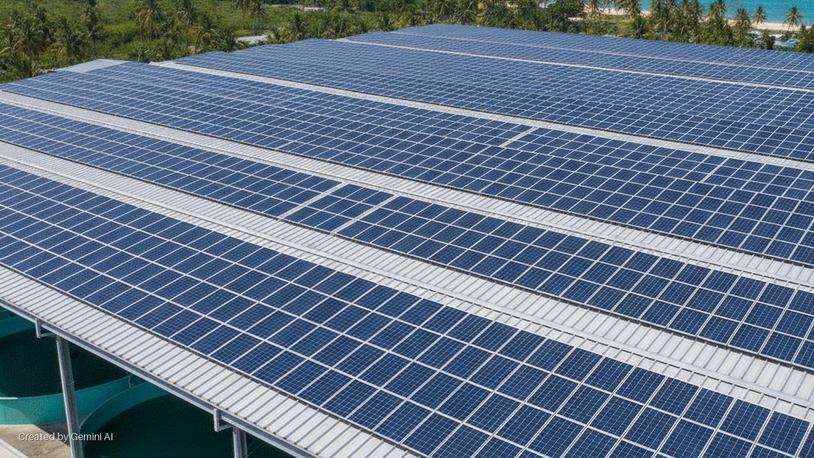 A large solar panel array covers a building's roof with circular green tanks visible underneath, set against a bright tropical coastline featuring palm trees, a sandy beach, and blue ocean.