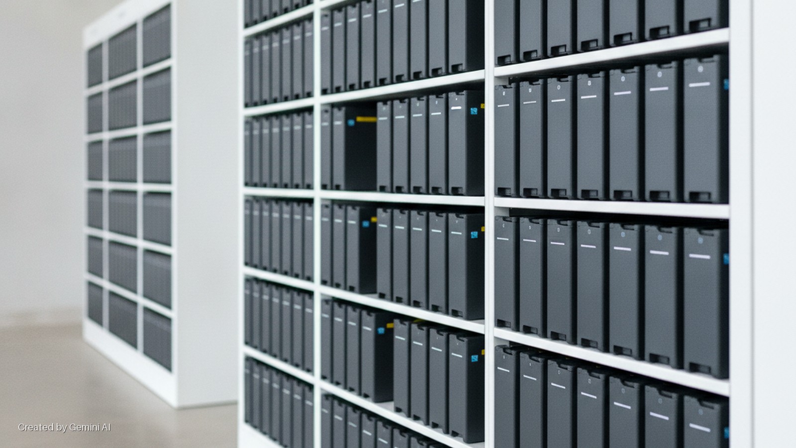 Two white shelving units are filled with rows of identical dark gray modules in a brightly lit, minimalist room.