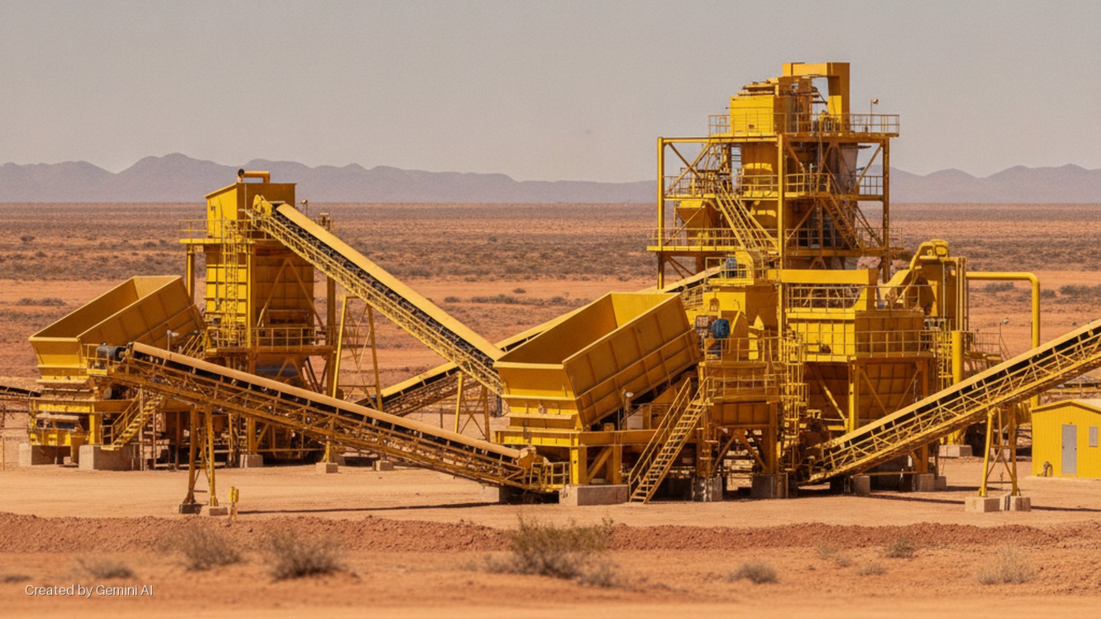 Large yellow mining equipment with numerous conveyor belts and structures stands on reddish-brown desert ground under bright daylight, with distant mountains on the horizon.