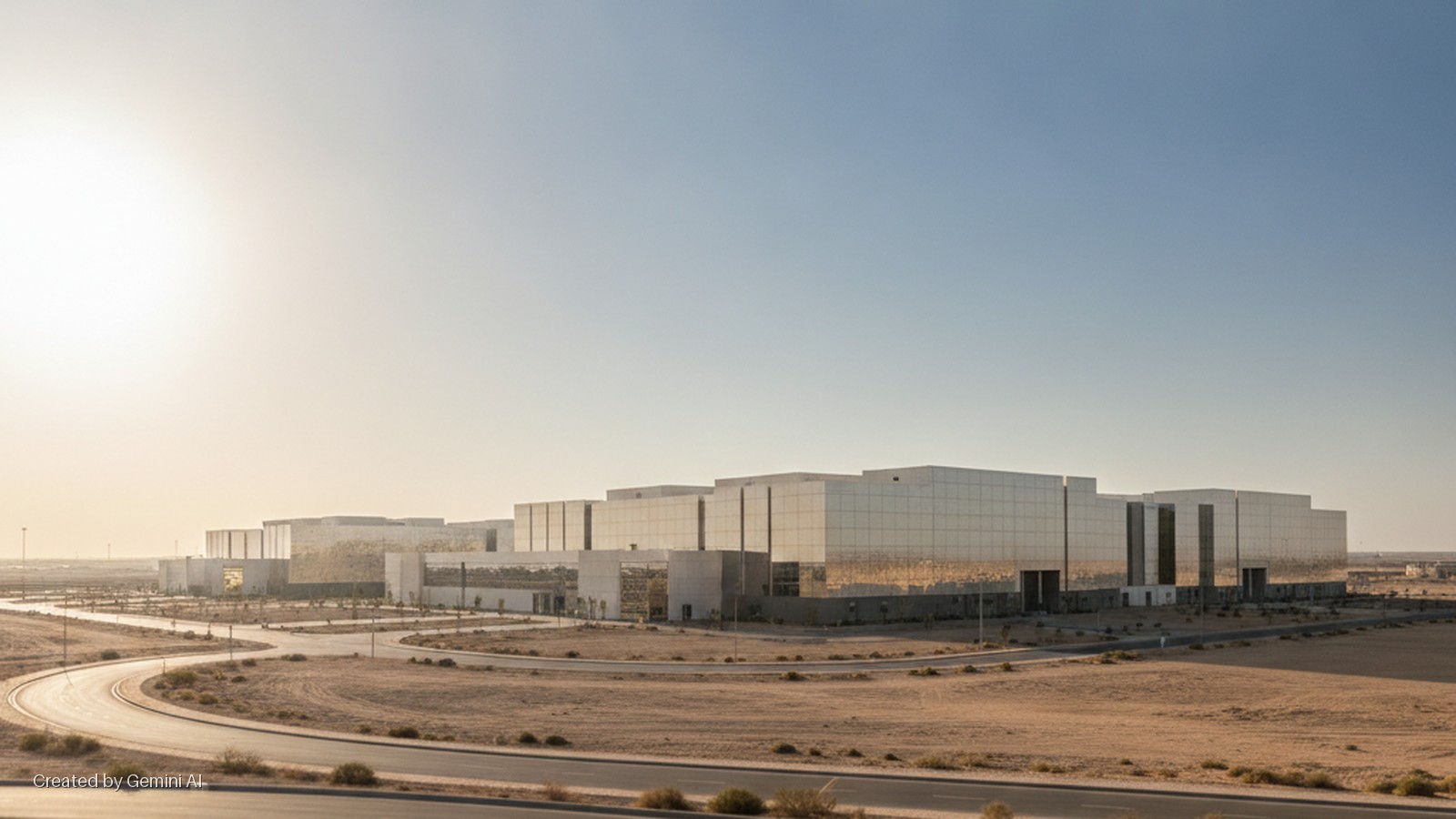 A sprawling complex of modern, reflective buildings with golden reflections stands in a vast desert landscape with winding roads under a bright, clear sky.