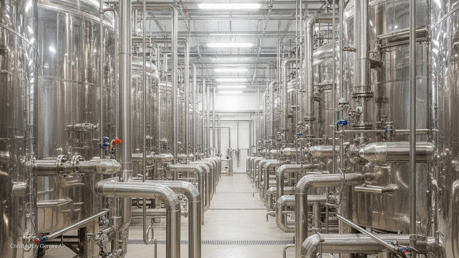 A brightly lit industrial processing plant features a long central aisle between rows of large, reflective stainless steel tanks and extensive networks of interconnected pipes and valves, illuminated by overhead fluorescent lights.