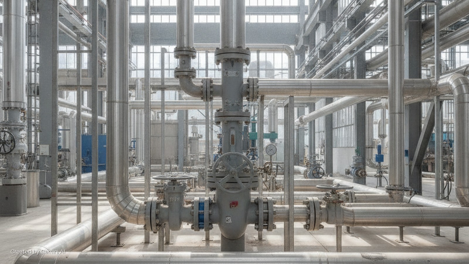 A brightly lit industrial plant interior features an intricate network of silver pipes, large gray valves with handwheels, and pressure gauges, illuminated by natural light entering through extensive windows.