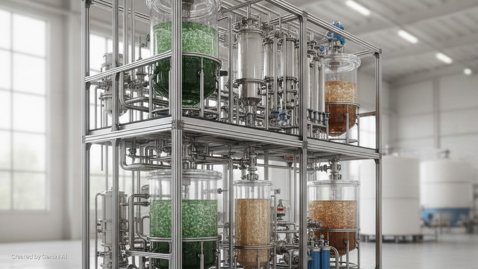 A multi-level modular industrial system featuring clear tanks with green and brown particulate liquids, extensive silver piping, and a metal frame, set in a brightly lit industrial facility.