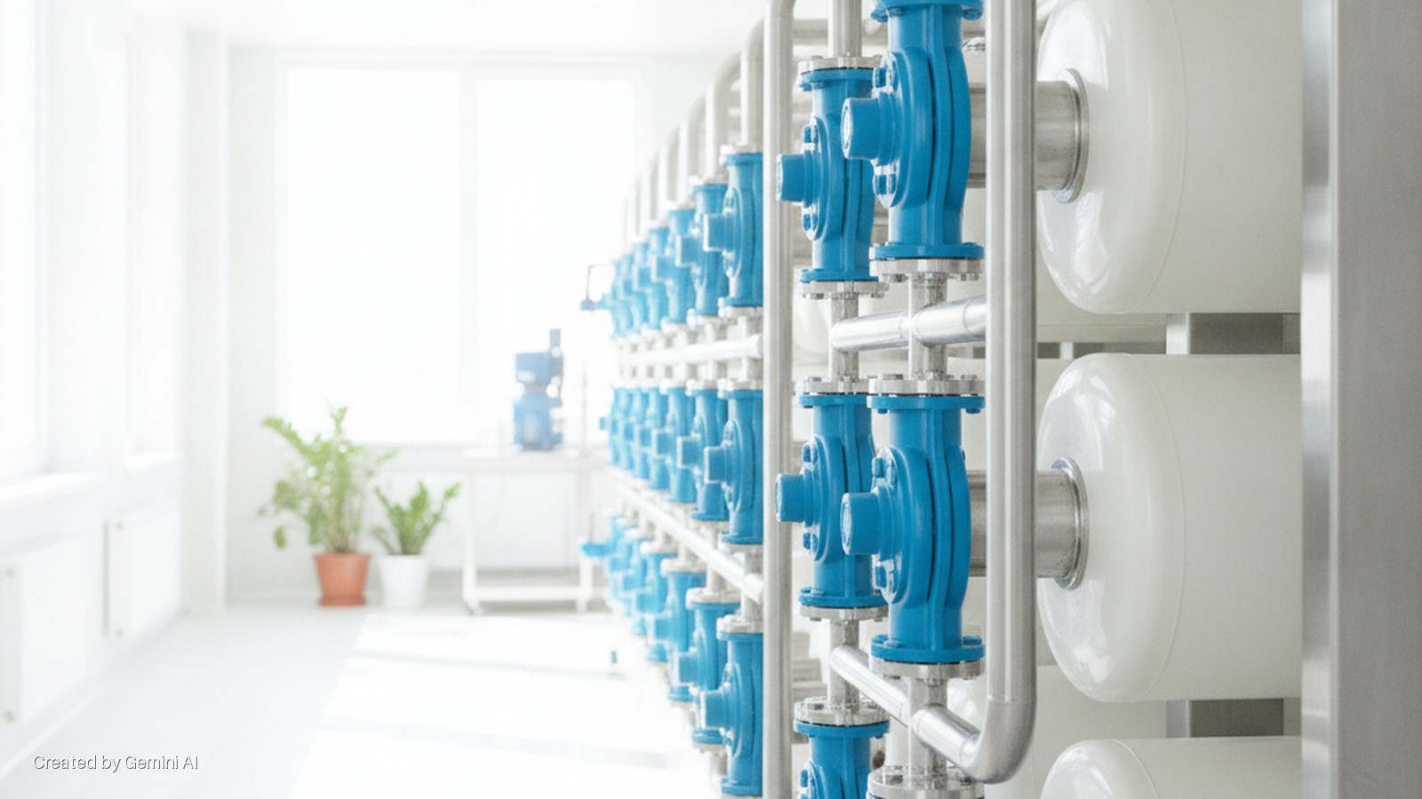 A bright industrial room contains rows of blue pumps, silver piping, and white cylindrical tanks on the right, with sunlit windows and potted plants visible in the background.