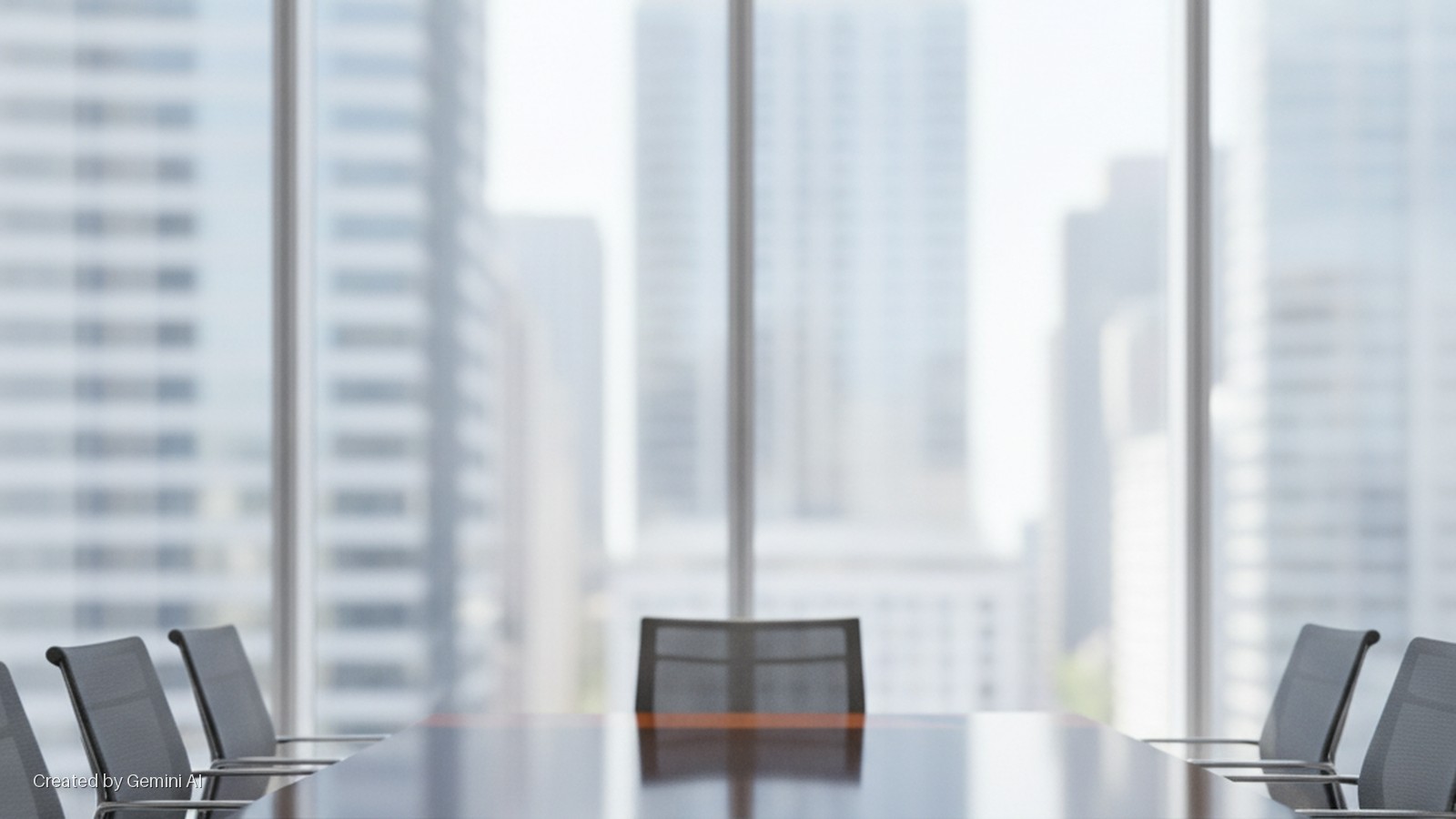 Empty modern boardroom with a long polished table and mesh office chairs, facing large windows overlooking a blurred city skyline under bright natural light.