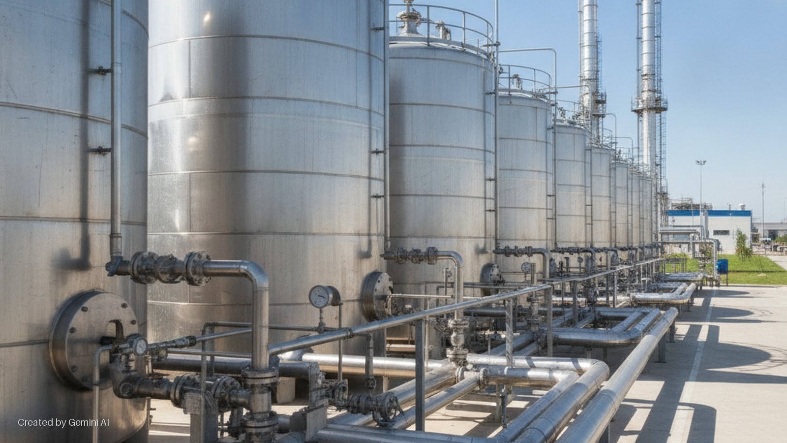 A row of large stainless steel industrial storage tanks with extensive pipelines, gauges, and railings extends towards tall industrial chimneys and a building under a clear, sunny sky.