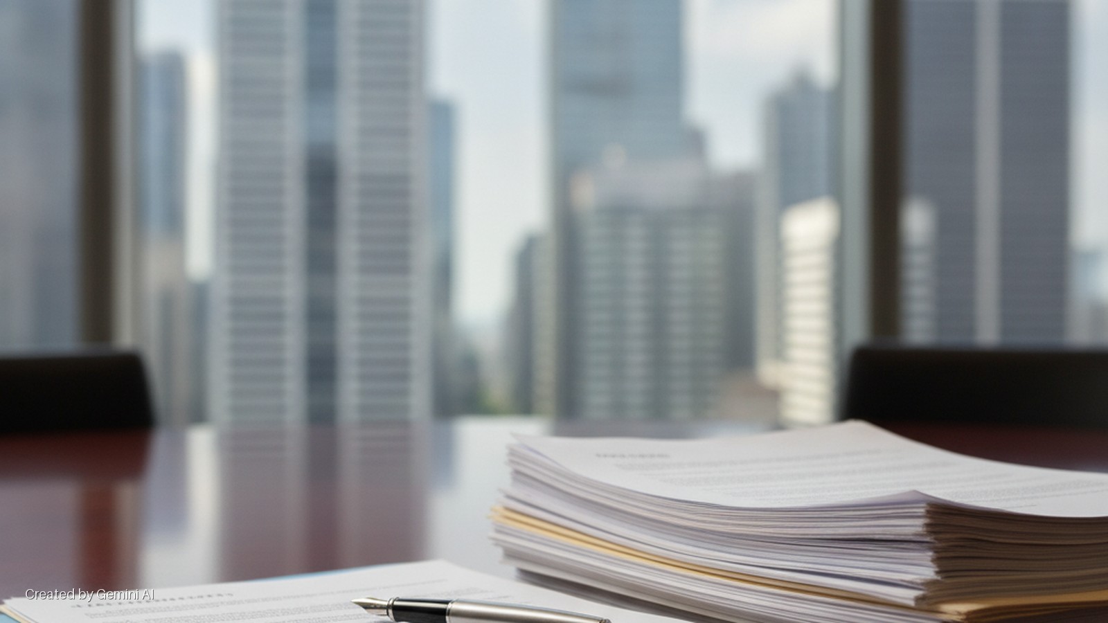 A stack of documents and a pen rest on a polished conference table in an office, with blurred city buildings visible through a large window in bright daylight.