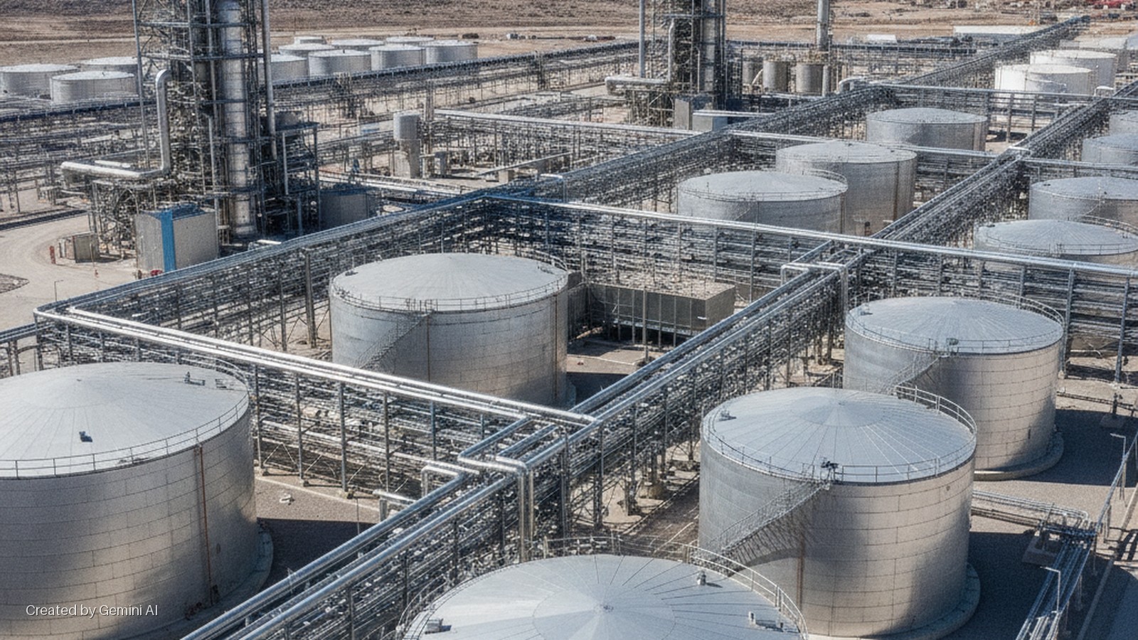 An overhead view of a vast industrial plant featuring numerous silver storage tanks, complex piping networks, and tall processing structures under bright daylight in an arid landscape.