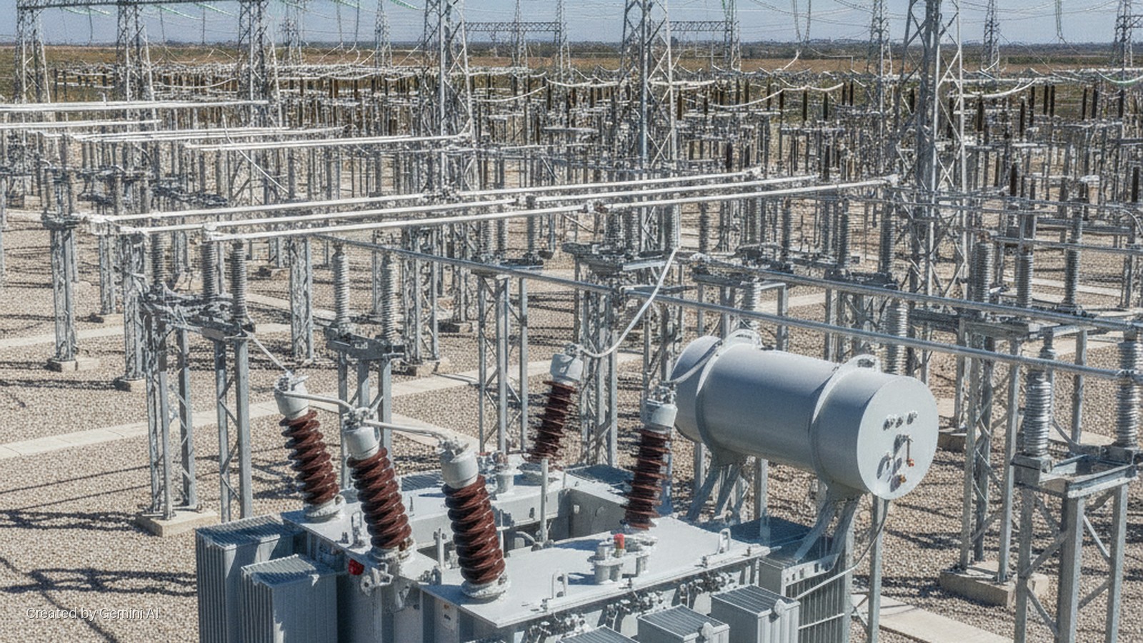 A vast outdoor electrical substation features multiple grey transformers with brown ceramic insulators and numerous metal support structures for power lines, spread across a gravel lot under bright daylight.