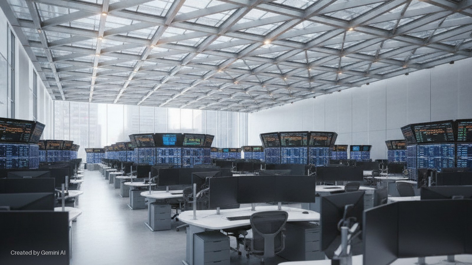 An empty modern trading floor features rows of desks with multiple black monitors, chairs, and filing cabinets, under a prominent glass and metal grid ceiling, brightly lit by natural light and recessed fixtures.