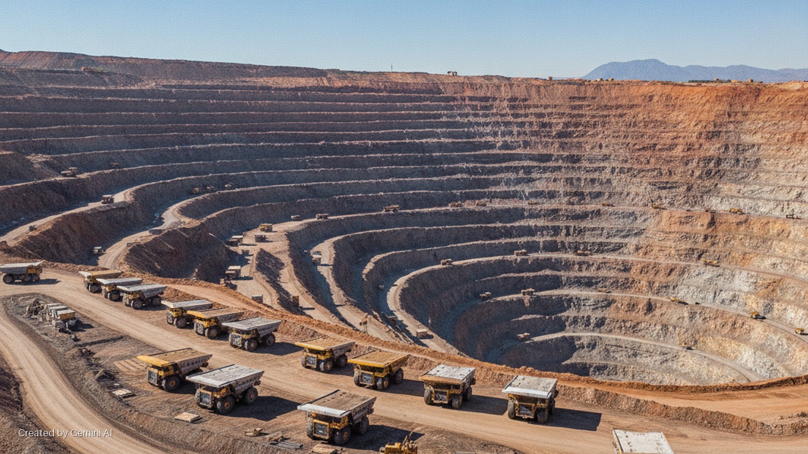 An expansive open-pit mine features numerous giant haul trucks and excavators traversing its terraced roads under a clear, bright daylight sky, with distant mountains on the horizon.