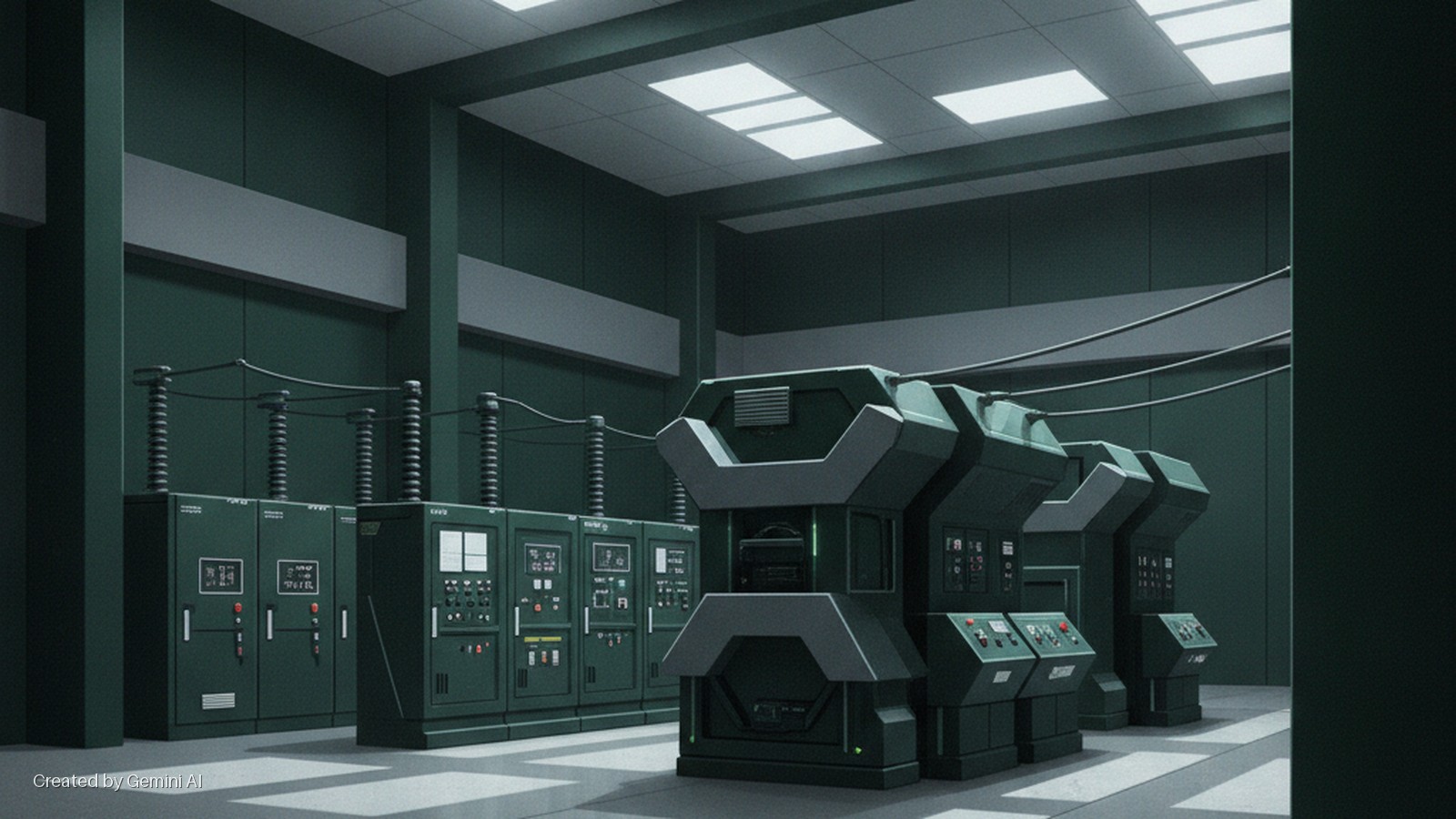 A dark green industrial room features rows of electrical cabinets topped with insulators and wiring on the left, and large, blocky machinery with control panels on the right, illuminated by bright overhead lights creating stark shadows on t