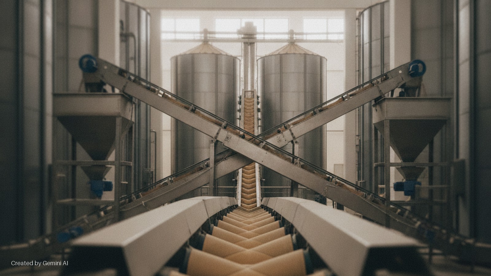 An industrial interior features multiple conveyor systems moving granular material, with two main belts crossing in an X-shape in front of large metal storage silos under bright, diffused light.