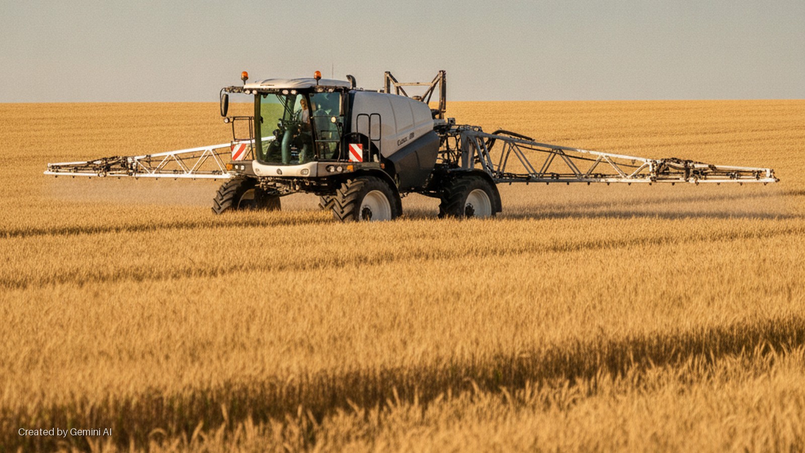 A self-propelled agricultural sprayer with extended booms sprays a golden wheat field under the warm light of the golden hour.