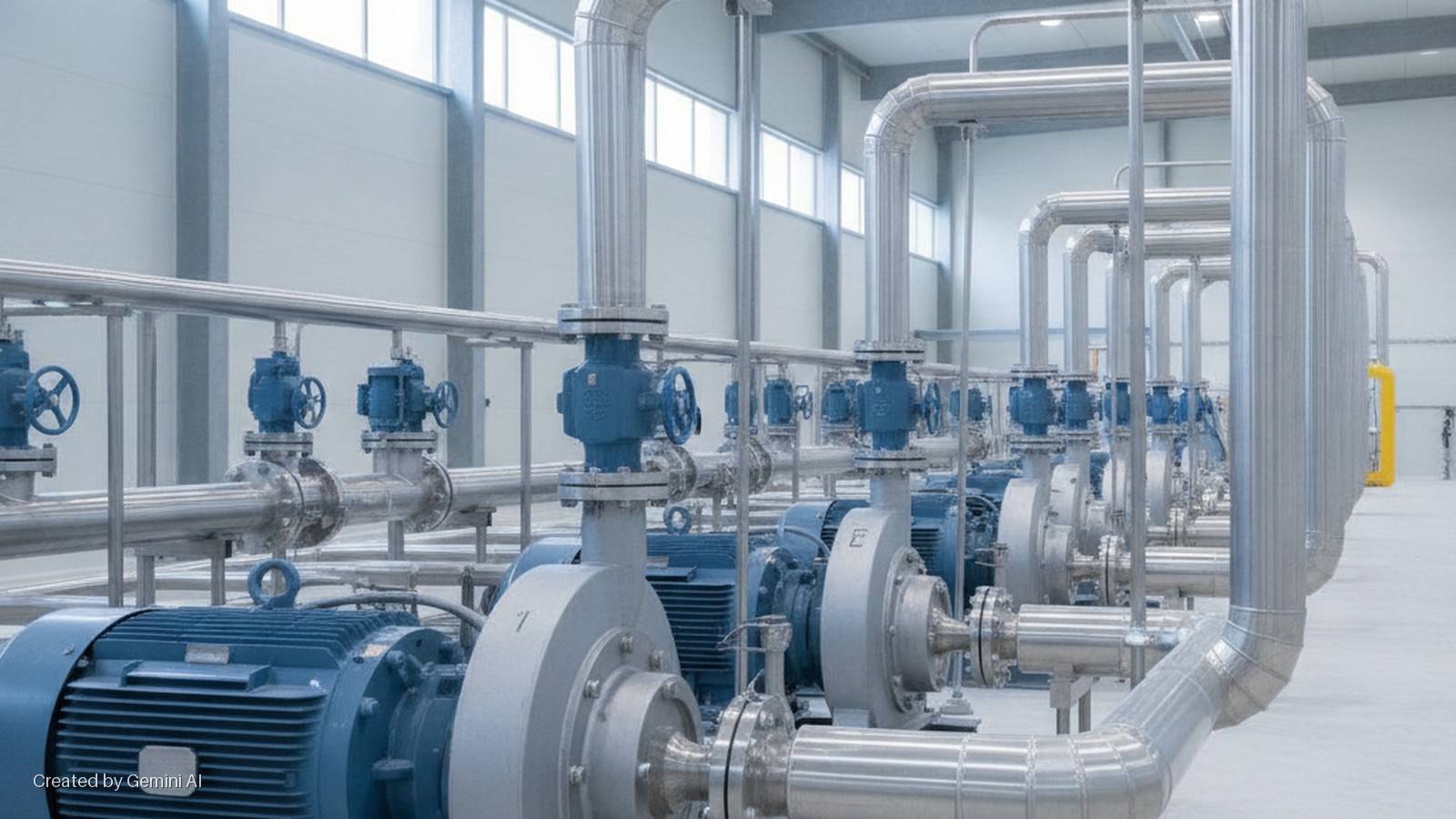 A long row of blue industrial pumps with motors are connected by silver pipes and blue valves in a brightly lit, clean industrial facility.