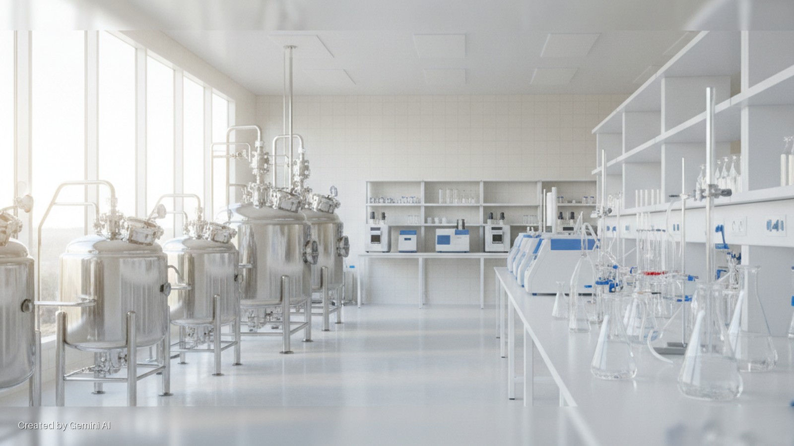 A bright, modern laboratory features large stainless steel bioreactors on the left and a long table filled with clear laboratory glassware and equipment on the right, illuminated by natural light from large windows.