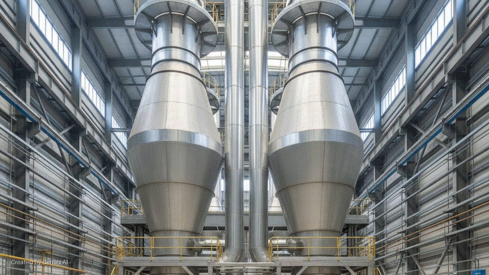Two large, conical silver industrial vessels with connecting pipes stand inside a brightly lit facility featuring extensive metal structural elements and rows of windows.