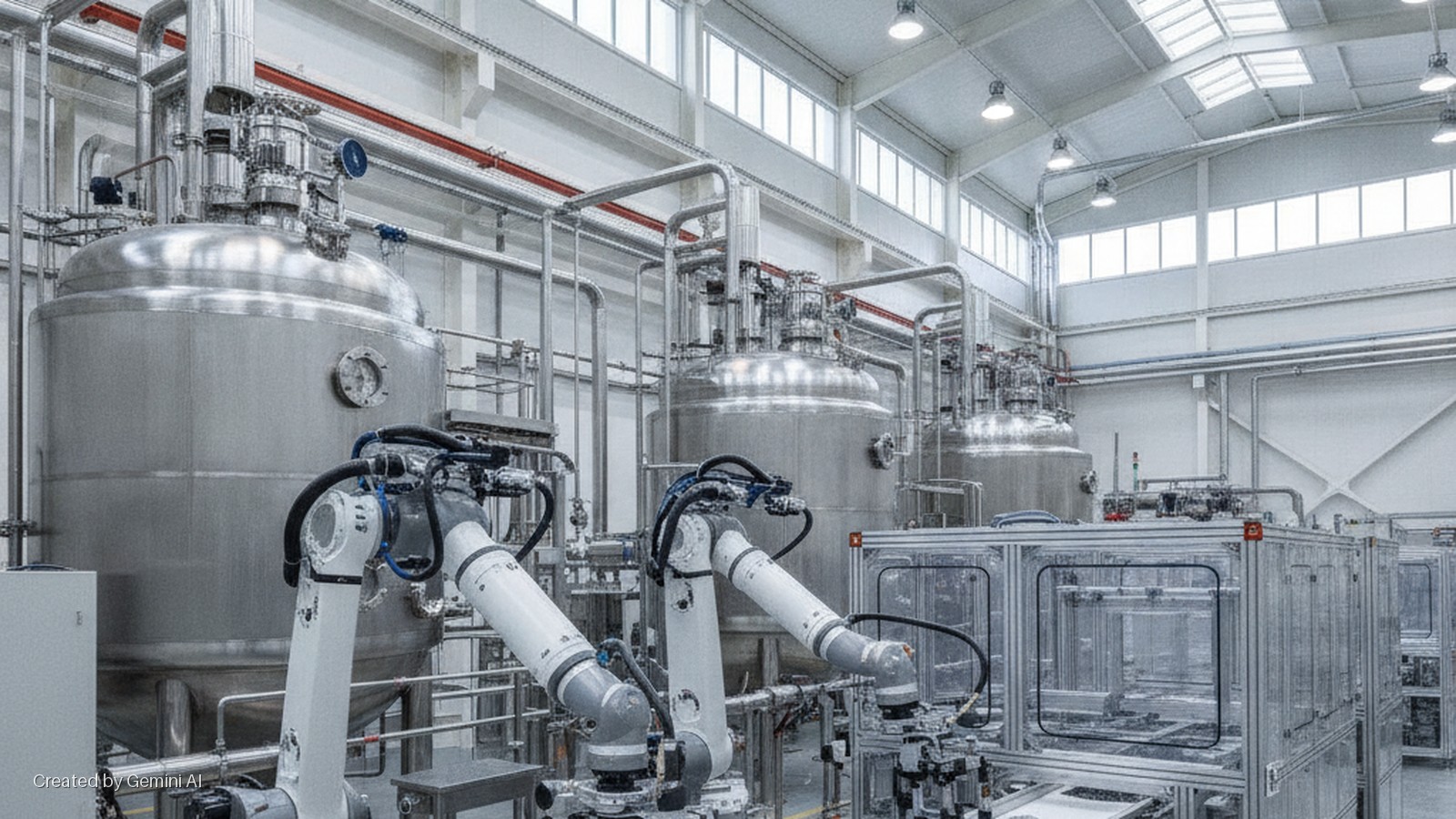 A brightly lit industrial facility features multiple large stainless steel processing tanks, intricate metal piping, two robotic arms, and glass-enclosed equipment, illuminated by overhead lights and windows.
