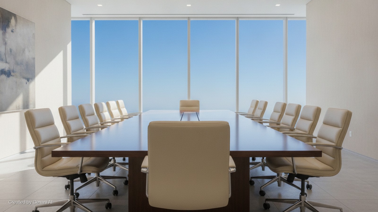 A modern conference room features a long dark brown table surrounded by light beige leather office chairs, large floor-to-ceiling windows revealing a clear blue sky, an abstract painting on a side wall, and bright natural lighting.