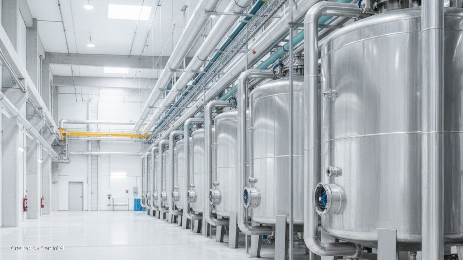 A brightly lit, spacious industrial processing plant with a long row of large, gleaming stainless steel tanks, extensive overhead metal piping, and a yellow gantry crane against white walls and a reflective white floor.