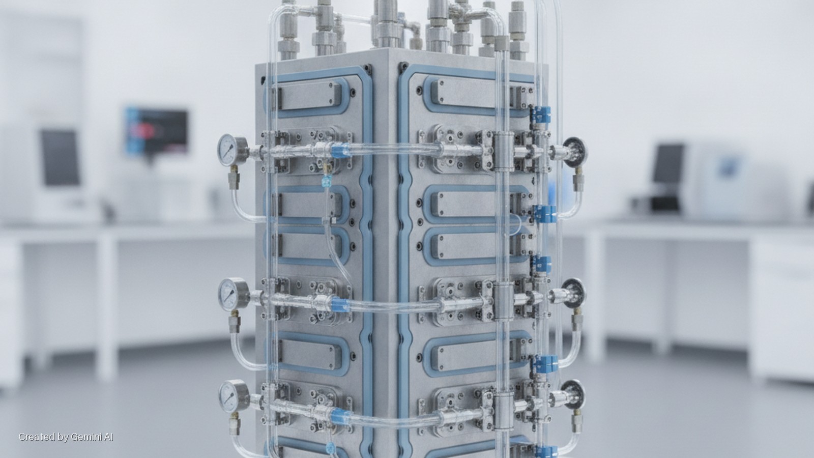 A complex, modular laboratory system featuring transparent tubing, pressure gauges, and blue-capped valves is positioned in a brightly lit, sterile lab.