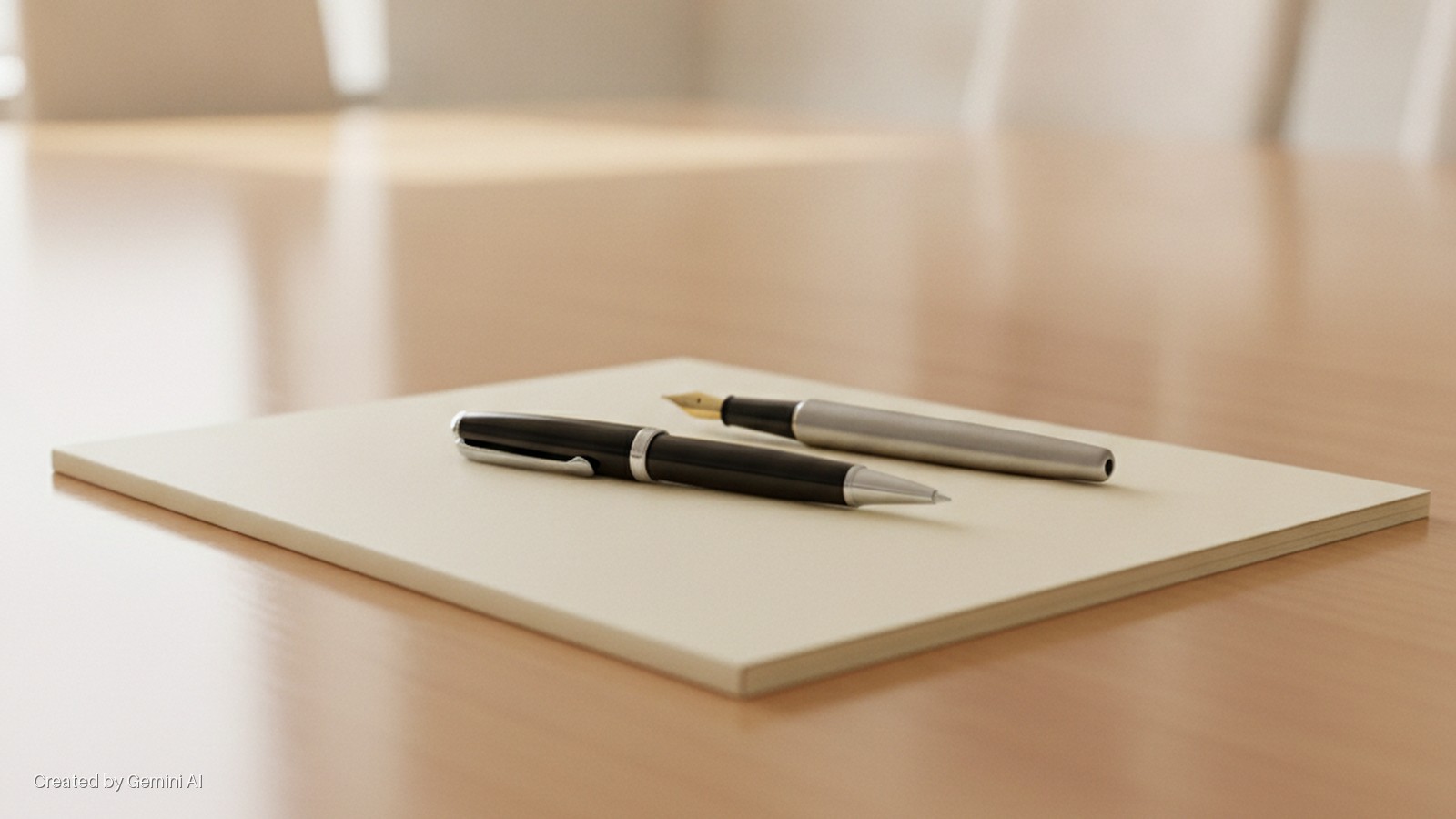A black ballpoint pen and a silver fountain pen rest on a cream-colored notebook on a reflective wooden table, with a softly lit background.