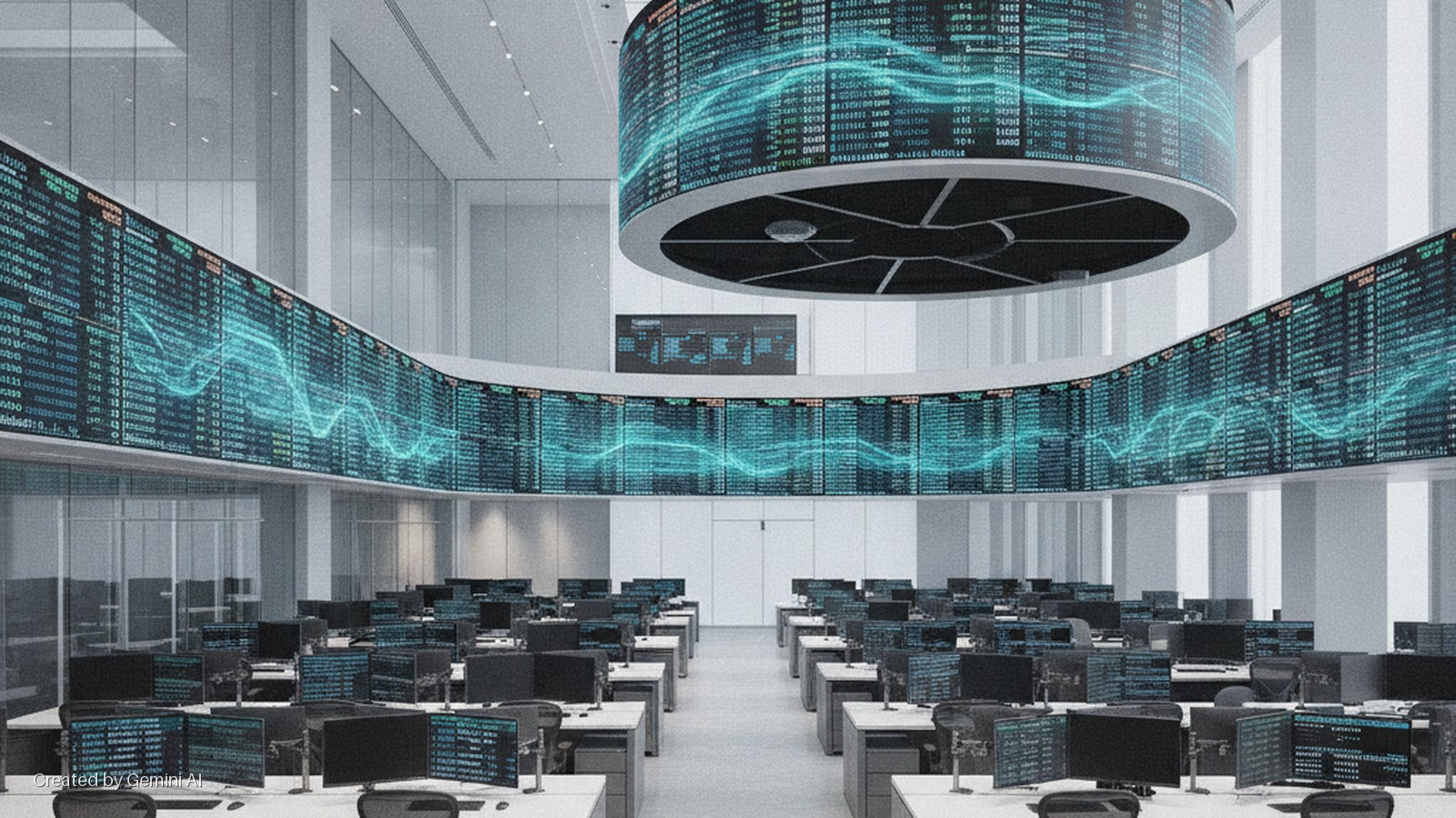 A bright, modern trading floor with rows of computer desks and chairs beneath large curved digital display screens showing data, complemented by a prominent circular screen hanging from the ceiling.