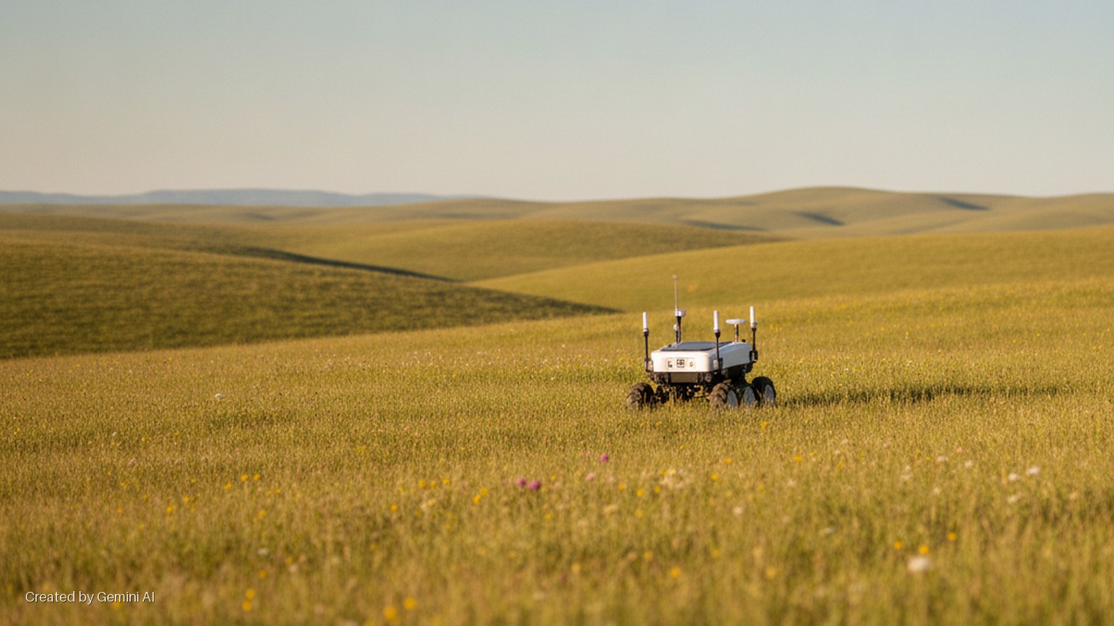 A white and black robotic rover stands in a field of tall golden-green grass, with sunlit rolling hills stretching into the background.