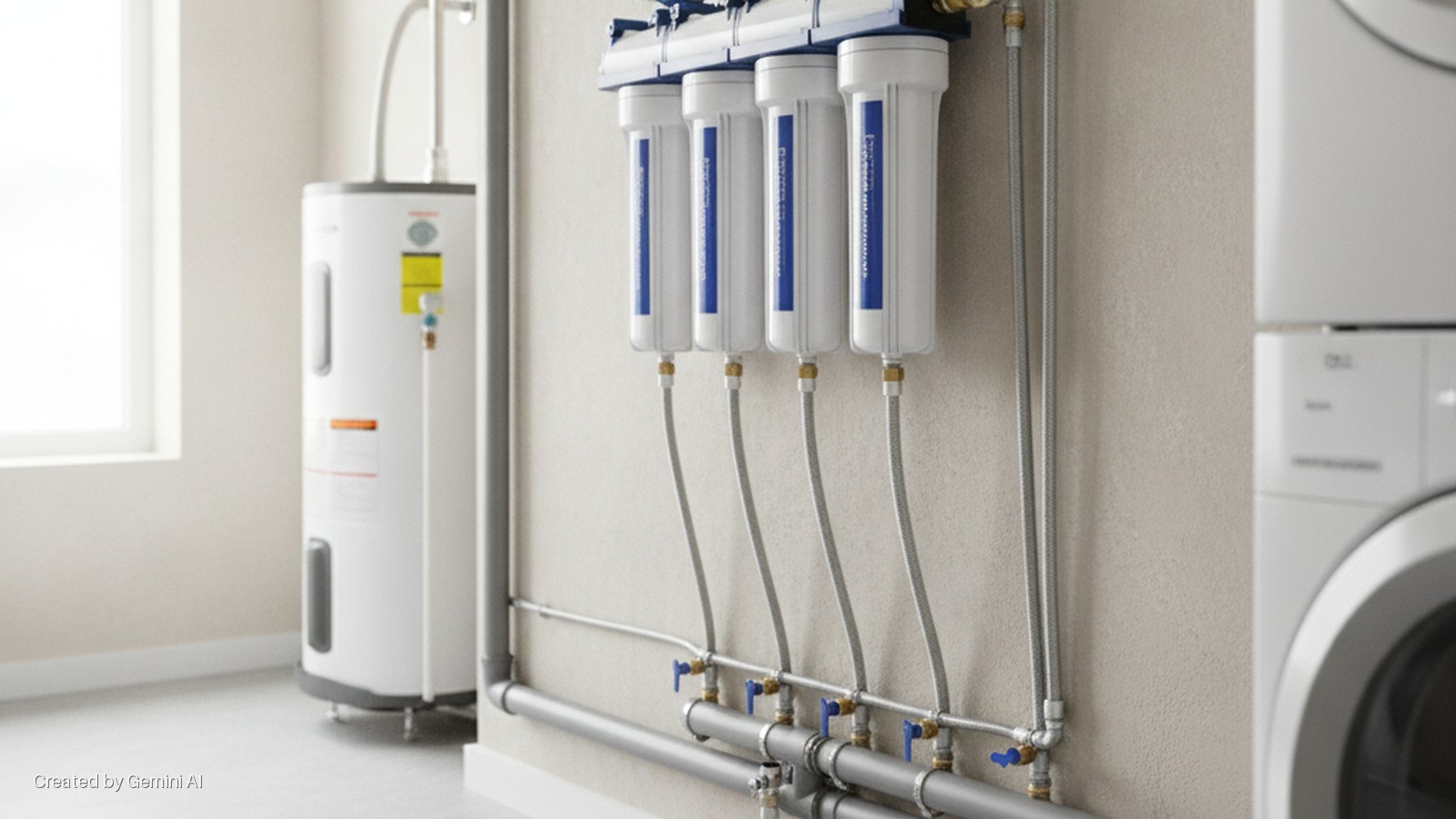 A bright utility room with natural light from a window features a white water heater, a wall-mounted four-filter water purification system with blue-handled valves, and a stacked white washer and dryer.
